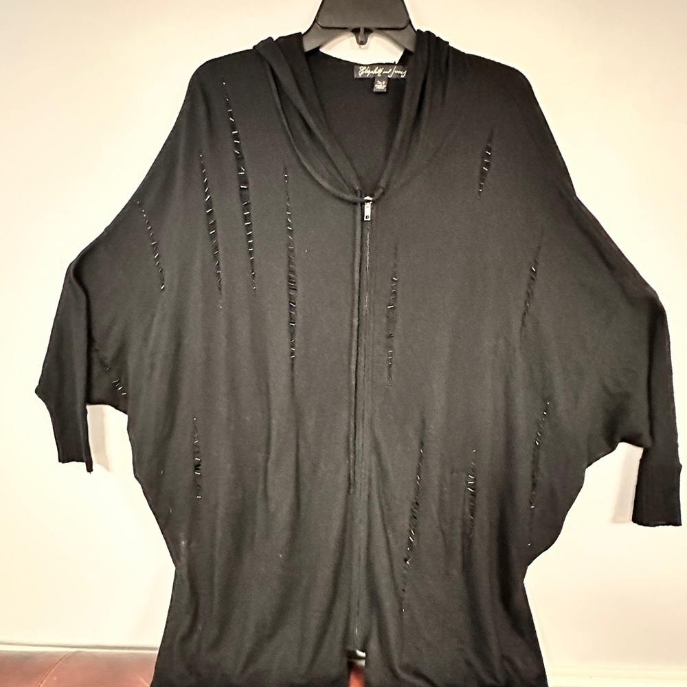 Elizabeth and James Hooded Long Sleeves Black Beaded, Cashmere Blend, zipper, XS